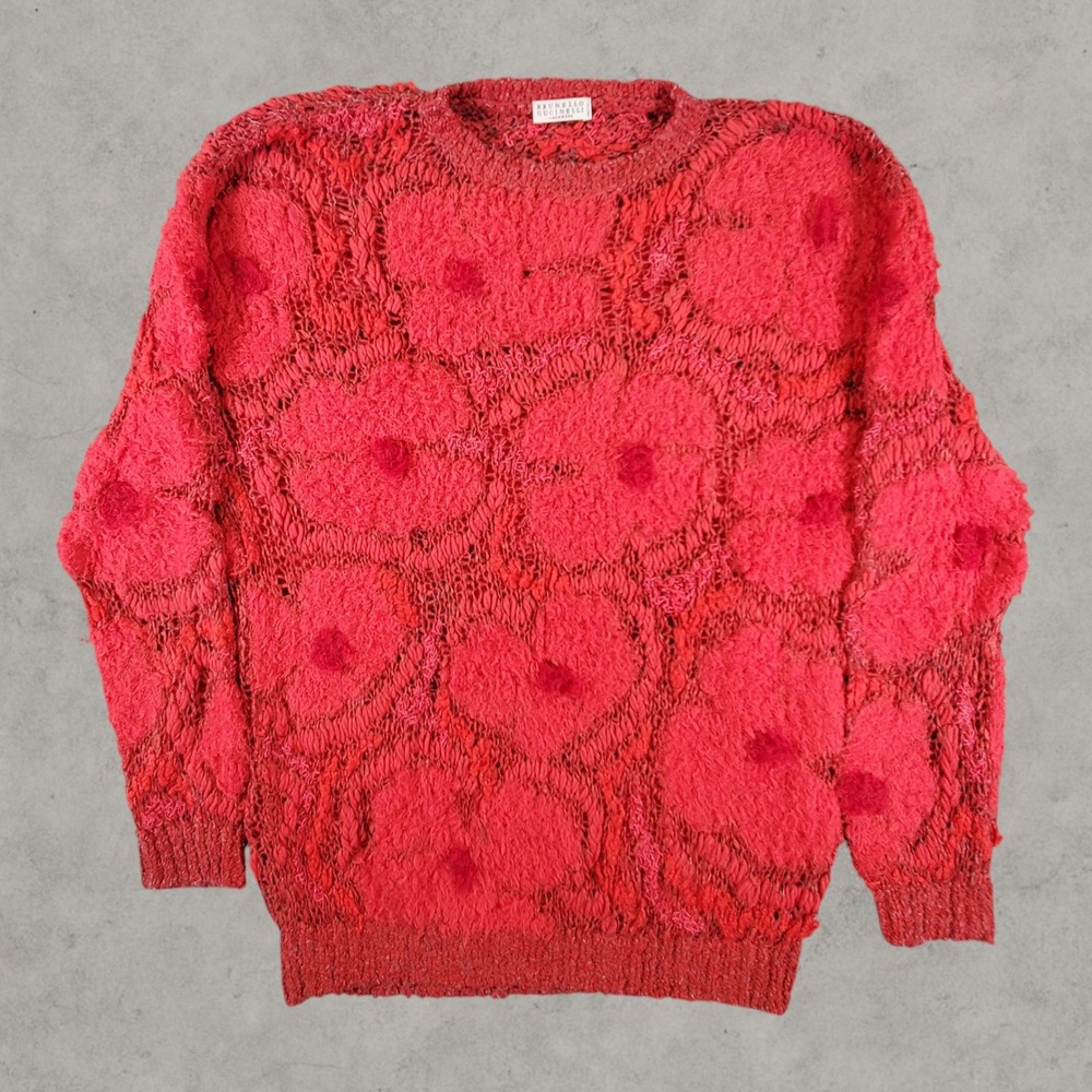 Brunello Cucinelli Floral Knit Sweater Womens Medium Red Textured Italy Cashmere